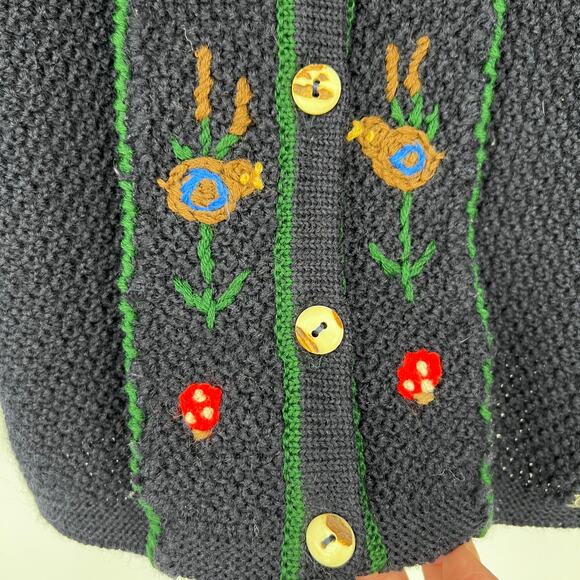 Vtg Giesswein Wool Cardigan Womens 14 Navy Blue Antler Button Mushrooms Austrian - Picture 4 of 11